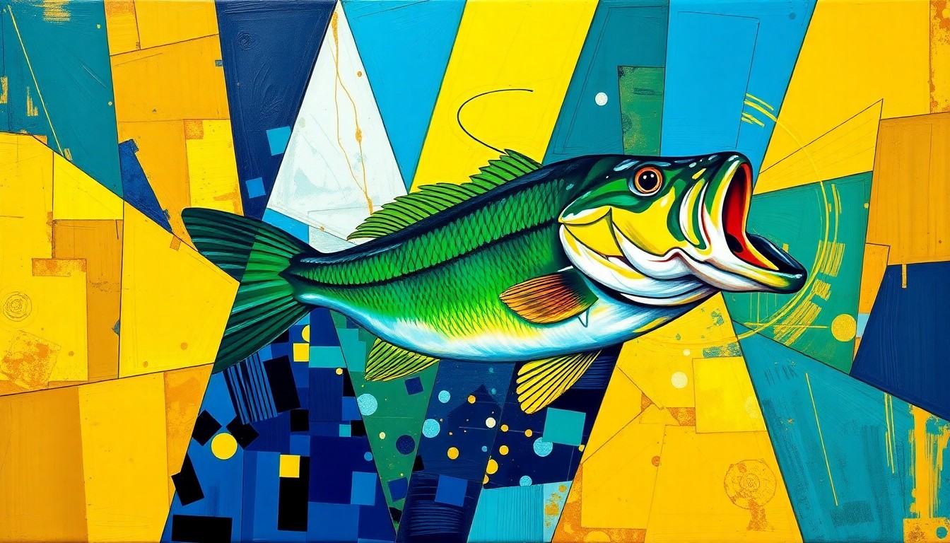 A cubist, geometric painting depicting a bass fishing tournament, with overlapping planes of color and abstract shapes representing the competition and energy of the event.