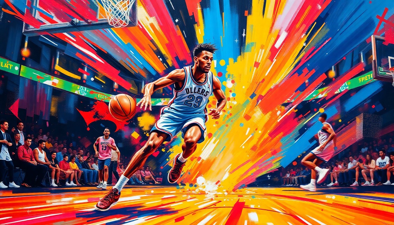 A dynamic, neon-colored painting depicting the explosive movements and energy of a basketball player, representing the athletic achievements of Averi Carter.