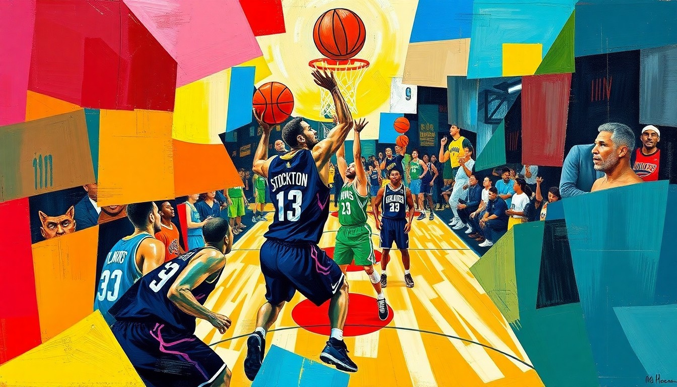 A cubist, geometric painting depicting a basketball game, with the players and court broken down into sharp, overlapping shapes and planes in the colors of the Stockton Kings and Iowa Wolves uniforms.