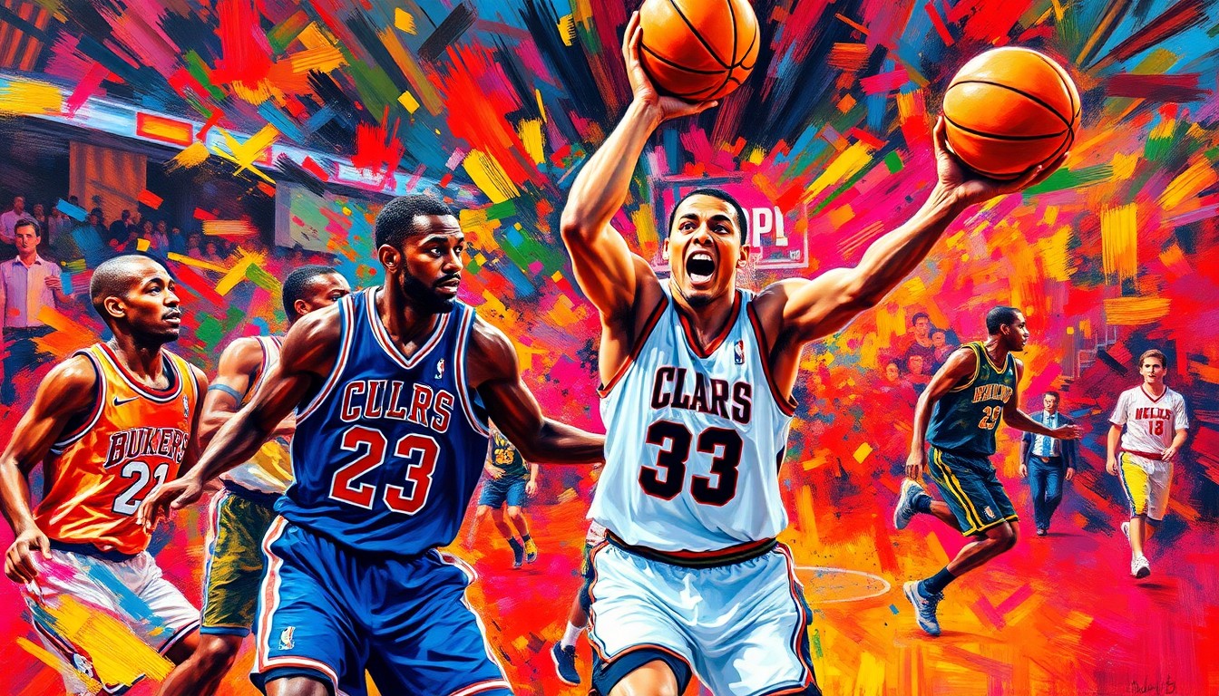 An abstract, expressionist painting in vibrant neon colors depicting the fast-paced action and energy of a charity basketball game, with players' forms and movements blending into a dynamic, textured composition.