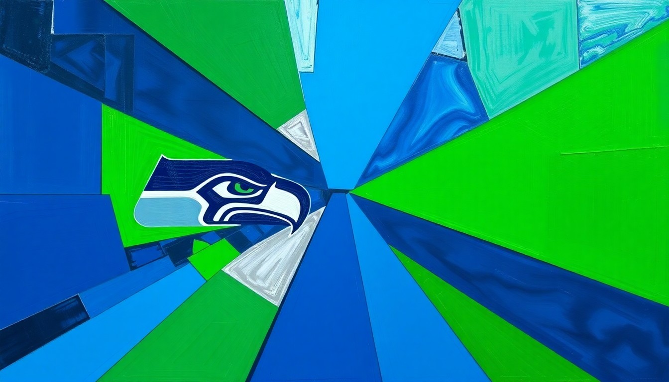 A fragmented, geometric painting in shades of blue, green, and silver, depicting the dynamic action and celebration of the Seattle Seahawks' Super Bowl win through a cubist lens.
