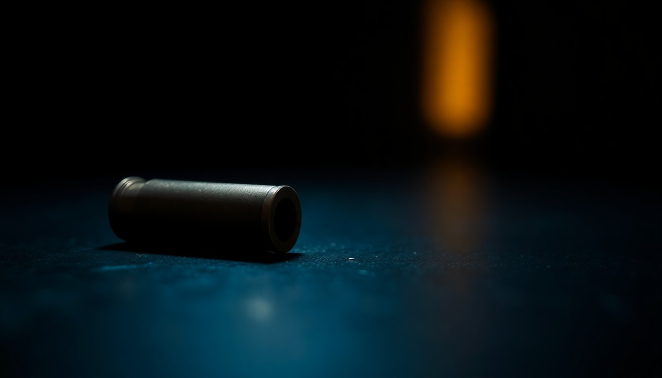 An extreme close-up photograph of a metallic bullet casing resting on a dark surface, the harsh flash illuminating its textured surface and creating dramatic shadows, conceptually representing the violence and aftermath of a police shooting incident.