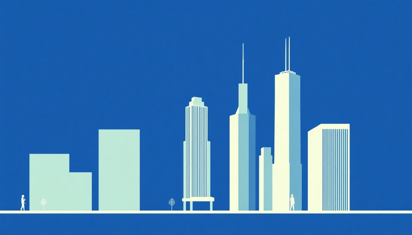 A minimalist illustration using bold geometric shapes and primary colors to conceptually represent the financial pressures of Chicago's growing pension liabilities.