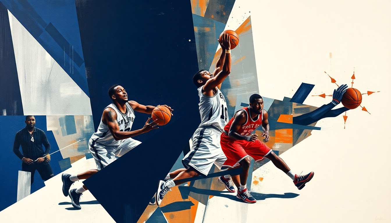 A fragmented, cubist-style painting depicting a Spurs basketball game, with the players' forms broken down into sharp, overlapping geometric shapes in a palette of navy, silver, and crimson, conveying the team's dynamic energy and potential.