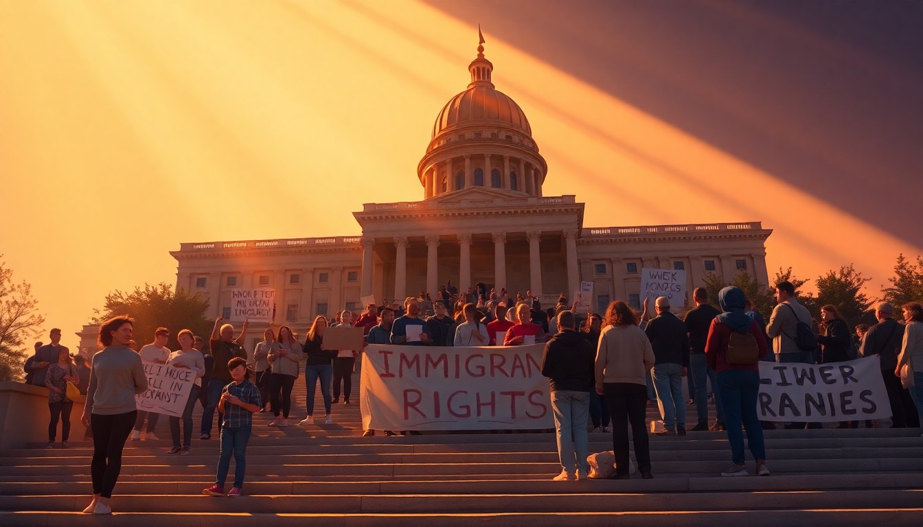 A cinematic painting depicting a group of people gathered on the steps of a state capitol building, holding signs and banners in support of immigrant rights. The scene is bathed in warm, diagonal sunlight and deep shadows, creating a quiet, contemplative mood.