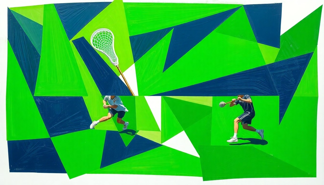 A cubist, geometric painting depicting a lacrosse game in motion, with overlapping planes of bright green, navy blue, and white representing the players, field, and equipment.
