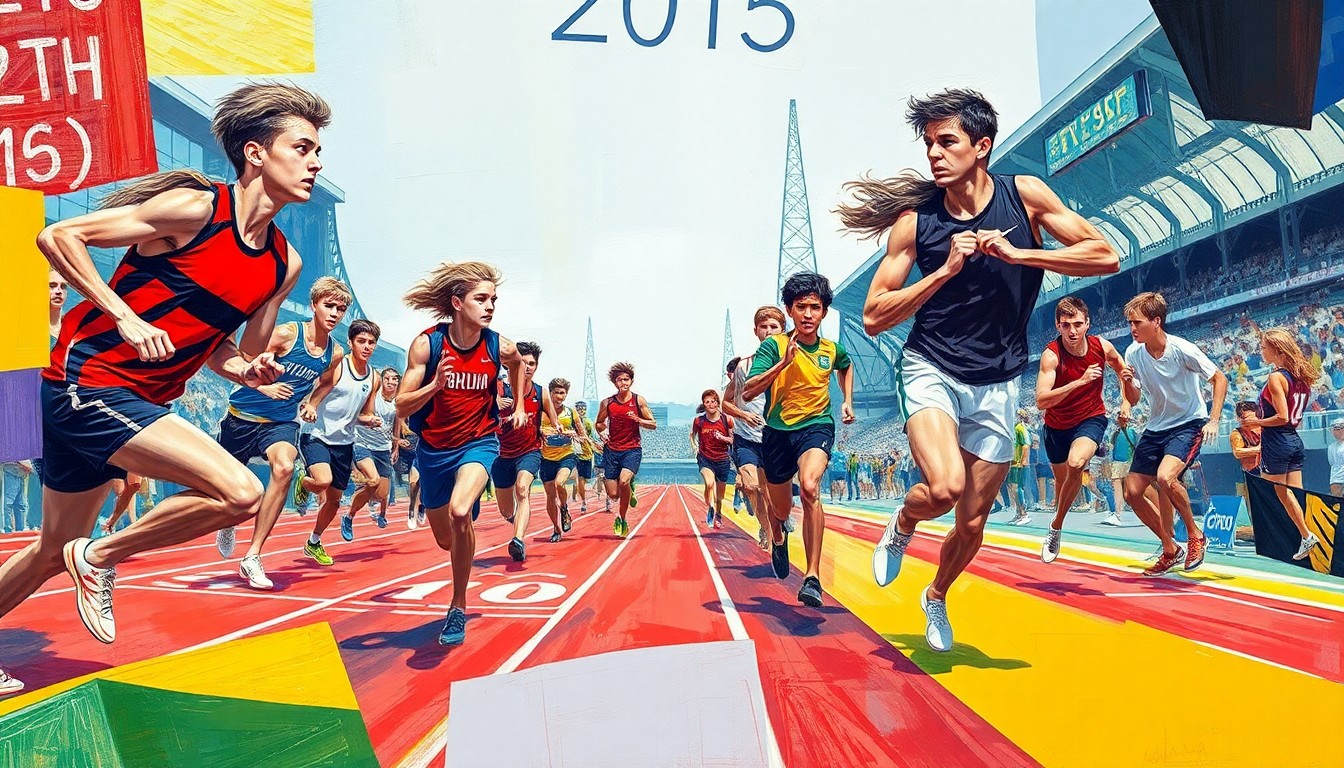 A fragmented, geometric painting depicting athletes in motion at a track and field competition, with vibrant colors and overlapping shapes representing the competitive spirit and athleticism of the event.