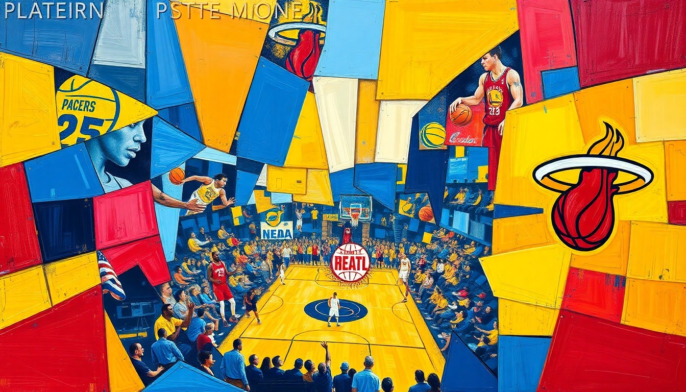 A cubist-style painting featuring overlapping geometric shapes and planes in the Pacers' blue and gold colors, as well as the Heat's red and yellow, capturing the fast-paced action and energy of a basketball game.