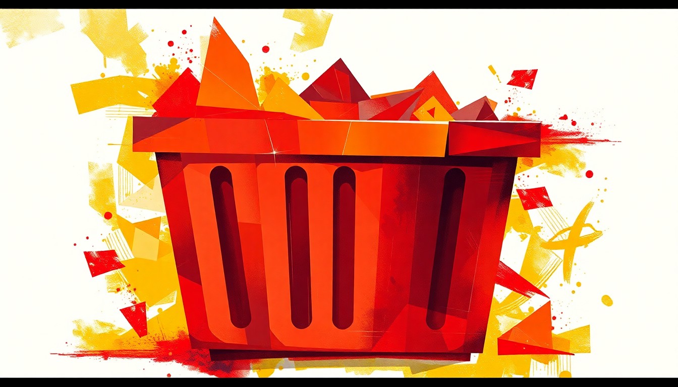 A fractured, abstract painting featuring overlapping geometric shapes in warm tones of red, orange, and yellow, conveying a sense of energy and movement around the concept of 'taking out the trash' in a political context.