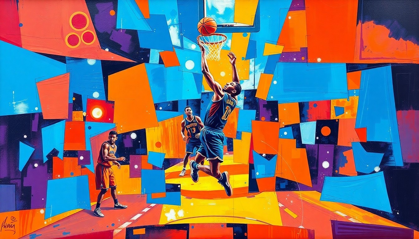 A fragmented, geometric painting depicting the dramatic motion and energy of a basketball player taking a game-winning shot, the scene broken down into sharp, overlapping planes of vivid color.