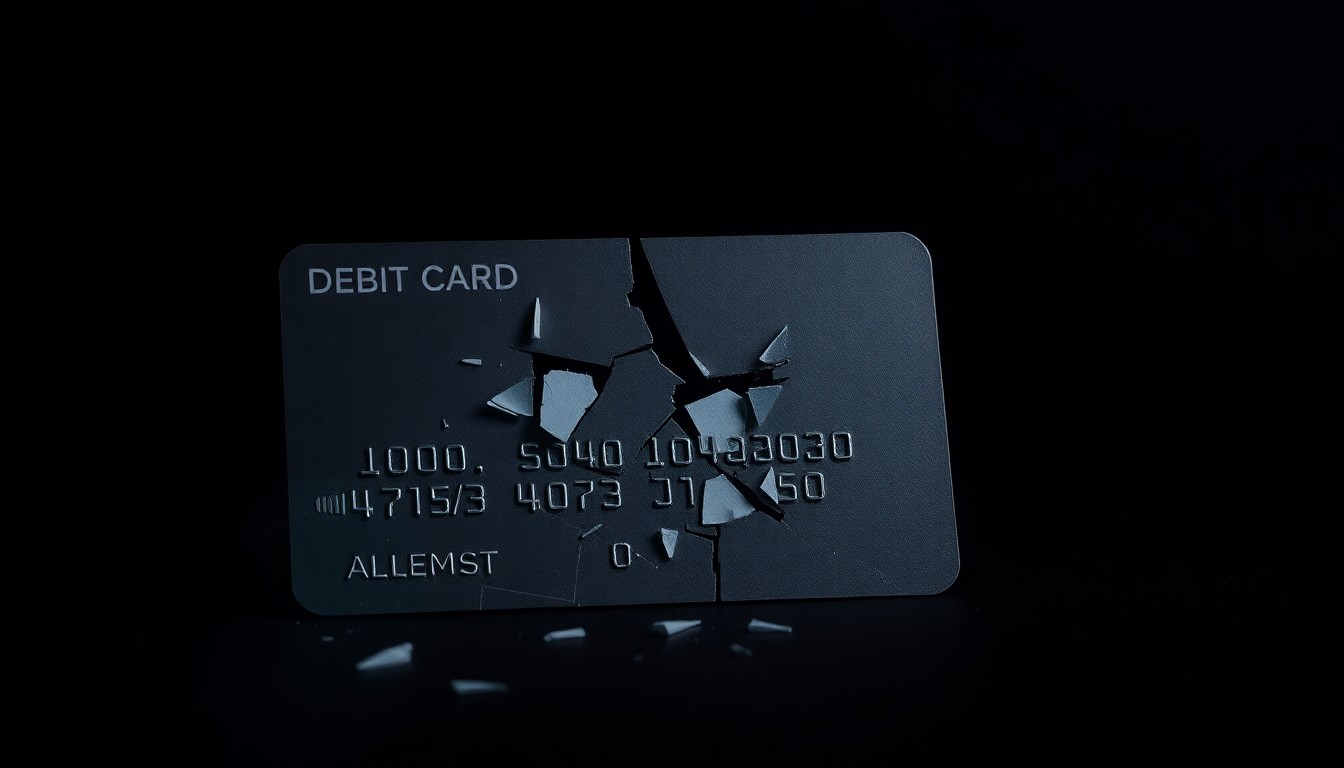 An extreme close-up photograph of a shattered debit card against a pitch-black background, conceptually representing the theft and fraud allegations in this story.