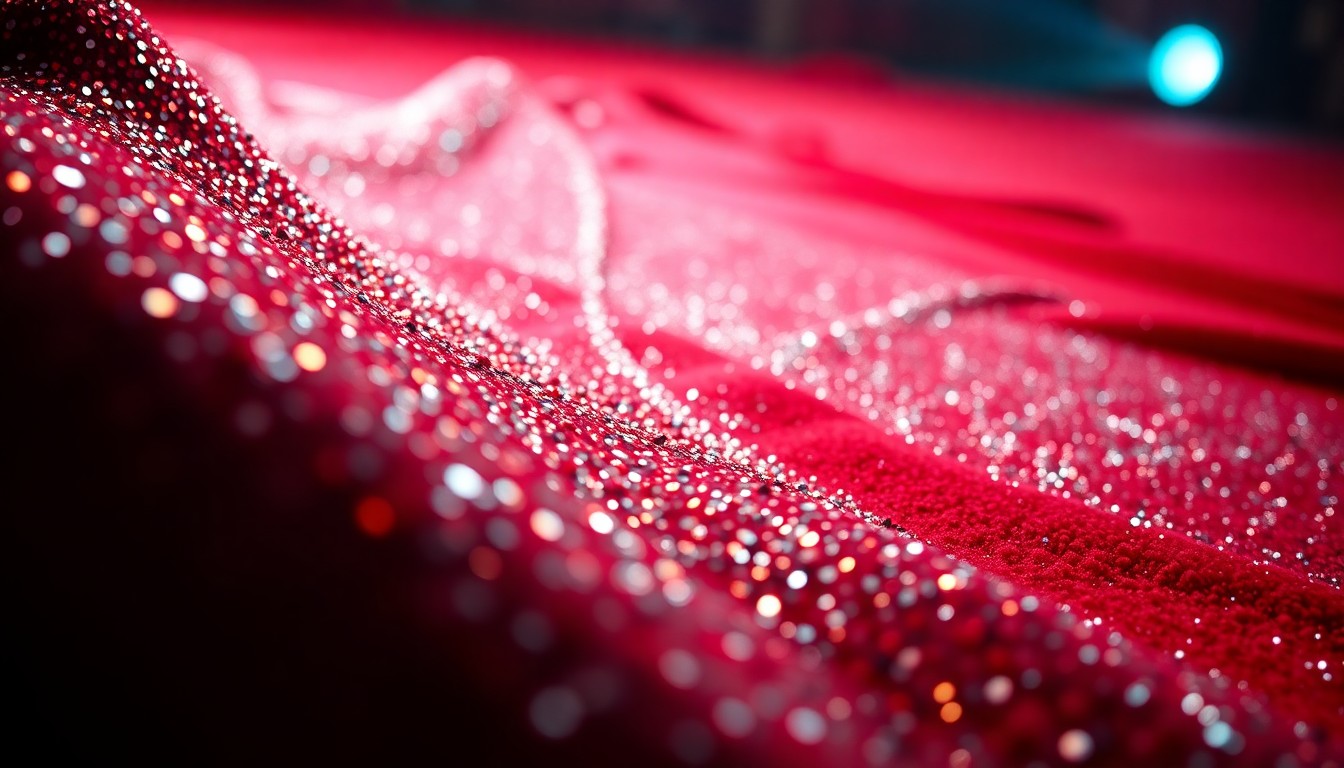 An abstract close-up image featuring shimmering sequins, plush velvet, and dramatic lighting, capturing the high-fashion aesthetic of the entertainment industry.