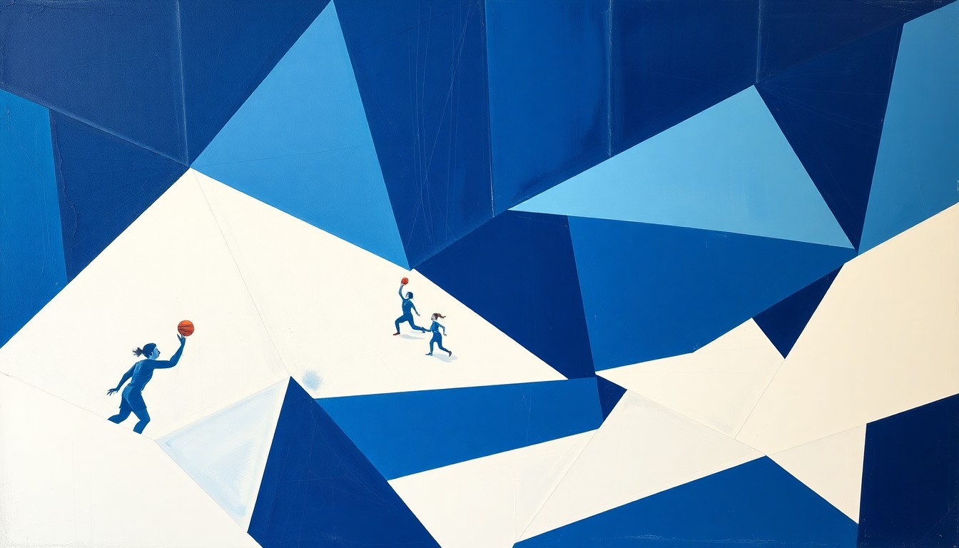 A cubist, geometric painting depicting the fragmented action of a women's basketball game, with sharp planes of navy, sky blue, and white overlapping to create a dynamic, abstract composition.