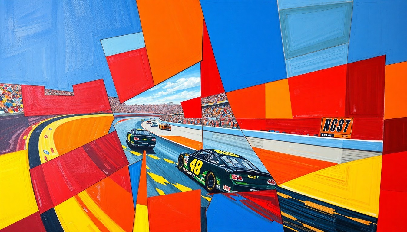 A vibrant, cubist-style painting depicting a NASCAR race at Martinsville Speedway, with the cars and track broken down into sharp, overlapping geometric shapes and planes of bright primary colors.