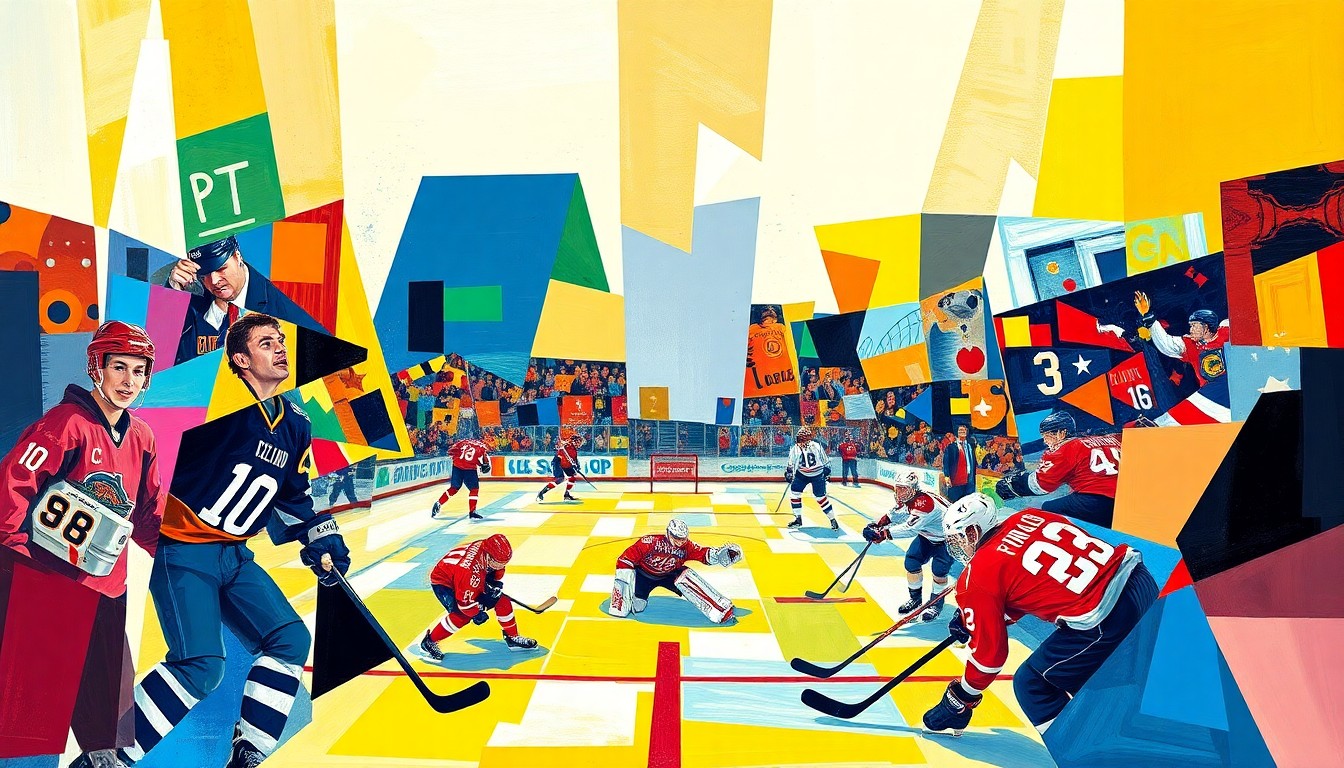 A cubist, geometric painting depicting the action and energy of a college hockey game, with the competing teams' colors and uniforms fractured and blended together in an abstract, multi-perspective composition.