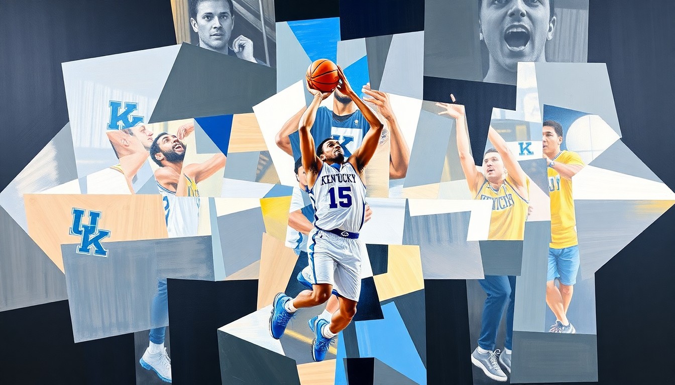 A cubist, geometric painting depicting a Kentucky basketball player shooting a three-pointer, with the player's form broken down into sharp, overlapping planes of color and shape.