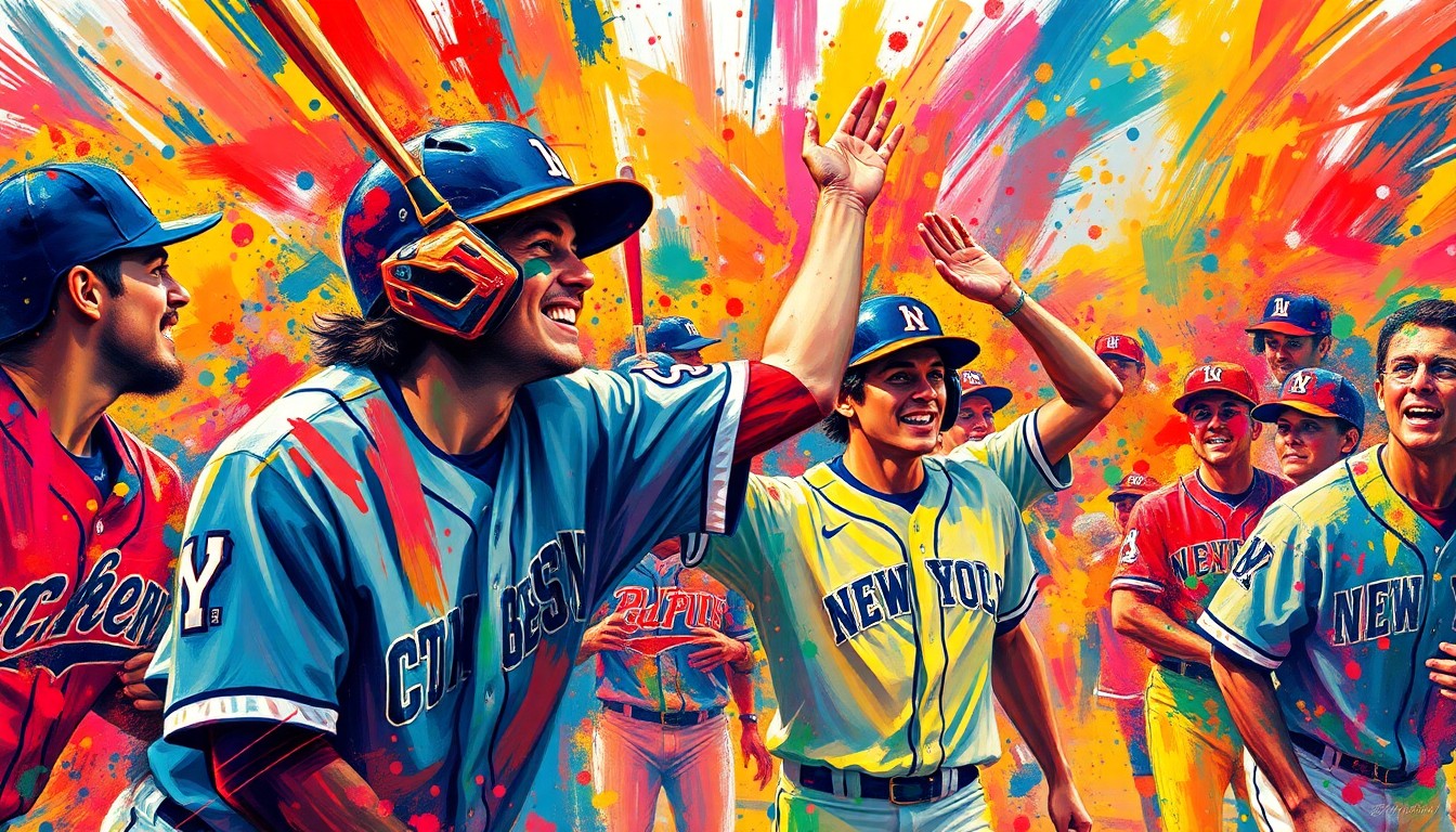 A dynamic, energetic painting featuring bold, sweeping brushstrokes in vibrant shades of blue, red, and yellow, capturing the raw power and celebratory spirit of a college baseball game.