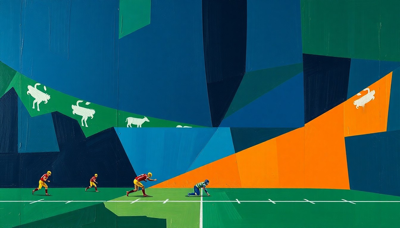 A fractured, cubist-style painting depicting a football game broken down into sharp, angular geometric shapes and planes in navy, green, and orange tones, conveying the complex challenges of officiating the sport.