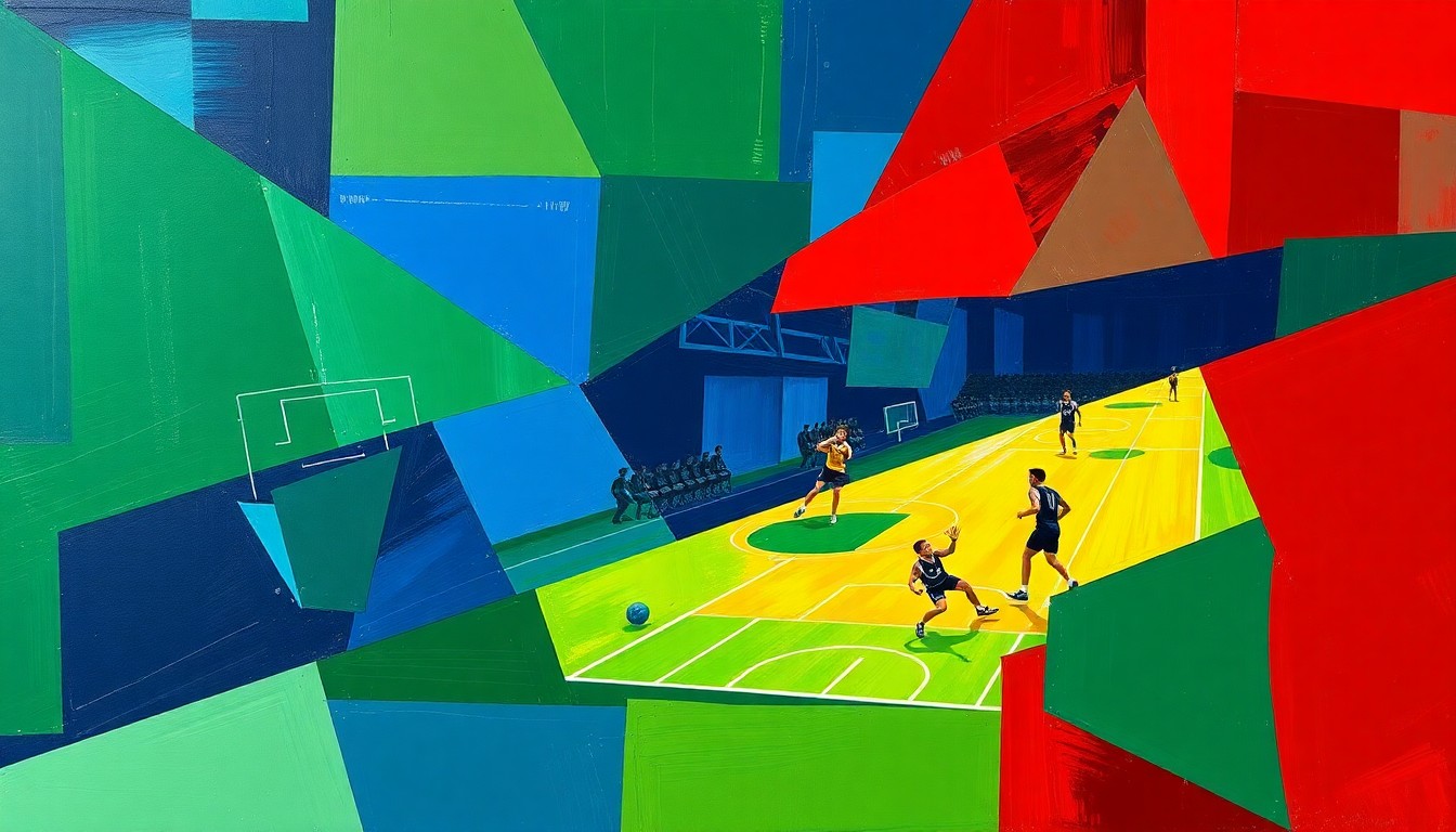 A fragmented, geometric painting in bold colors depicting an abstract sports competition or match, conveying the energy and dynamism of high school athletics.