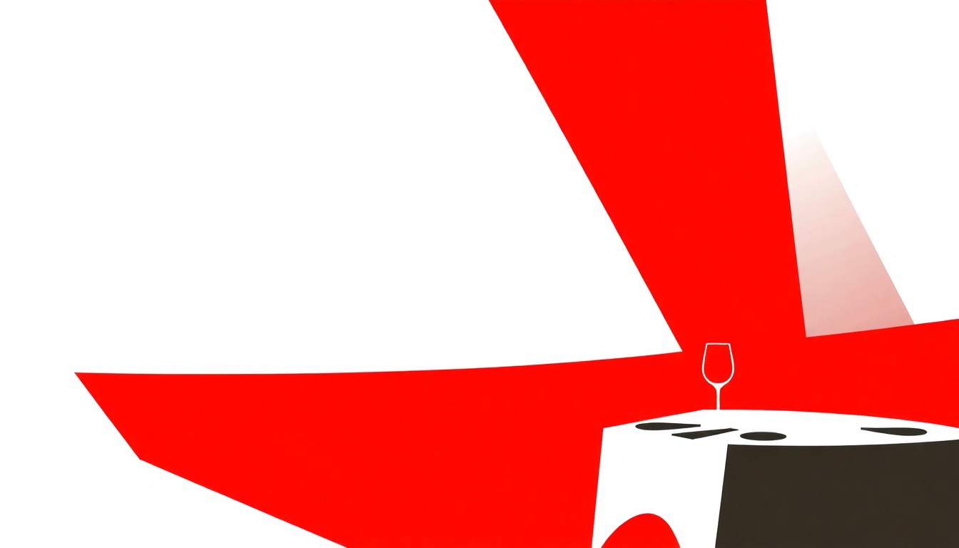 A striking abstract illustration featuring bold, angular shapes in red and white, conceptually representing the prestige and culinary excellence of a Michelin-starred restaurant.