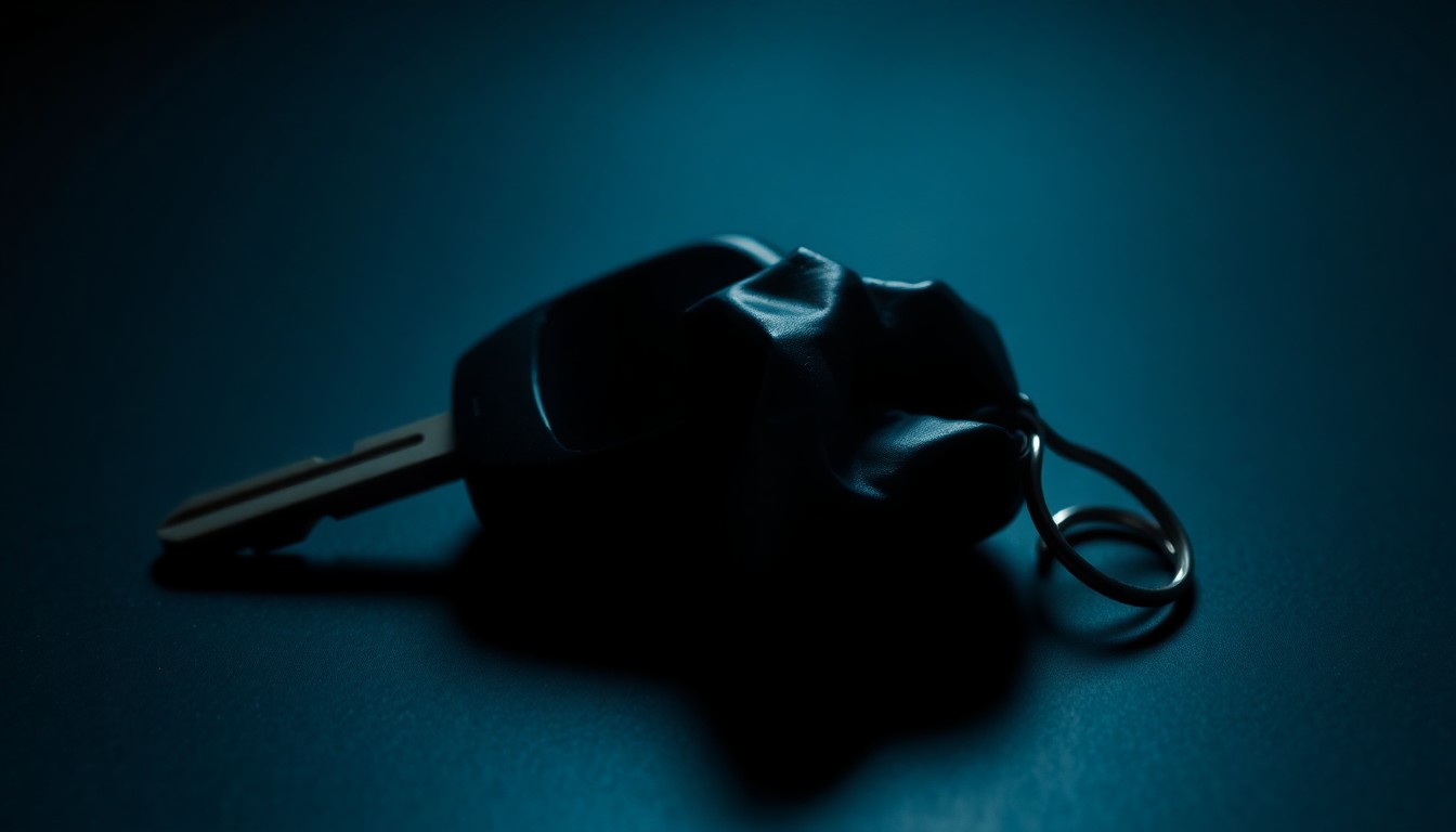 An extreme close-up photograph of a crumpled car key on a dark surface, lit by a harsh, direct camera flash, conceptually representing the aftermath of a high-profile crash and the issues of impaired driving.