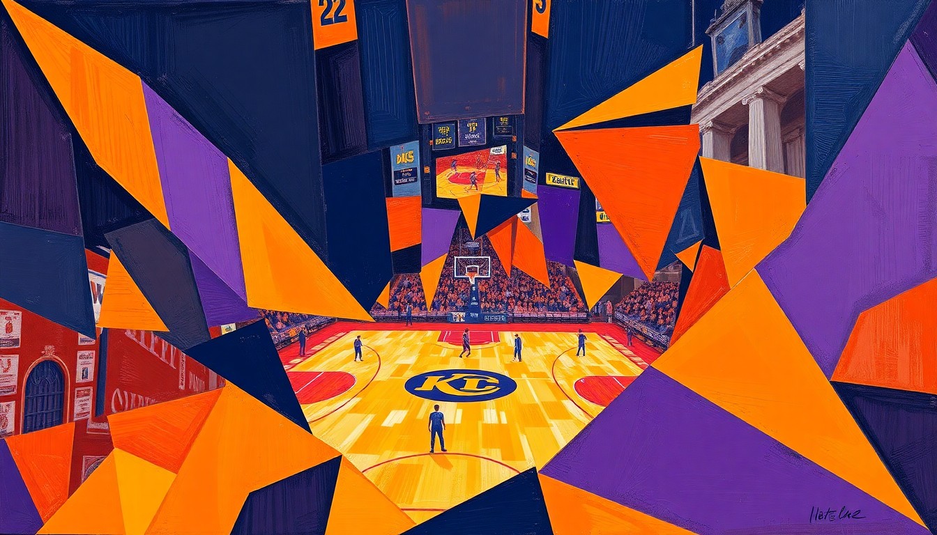 A cubist-style painting featuring overlapping geometric shapes in orange, purple, and navy blue, representing the dynamic energy and multiple viewpoints of a college basketball game.