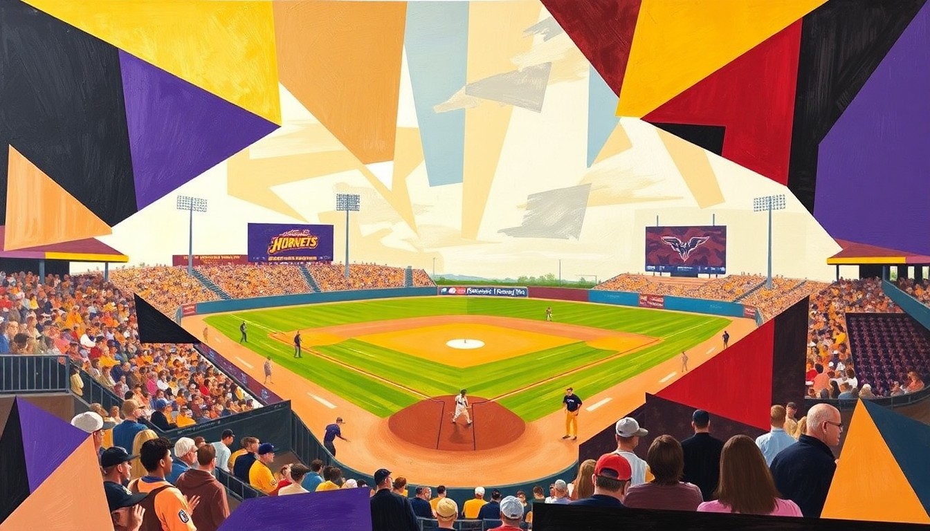 A fractured, multi-perspective painting in vibrant colors, breaking down a baseball game into sharp, overlapping geometric shapes and planes, conceptually representing the competitive clash between the two teams.