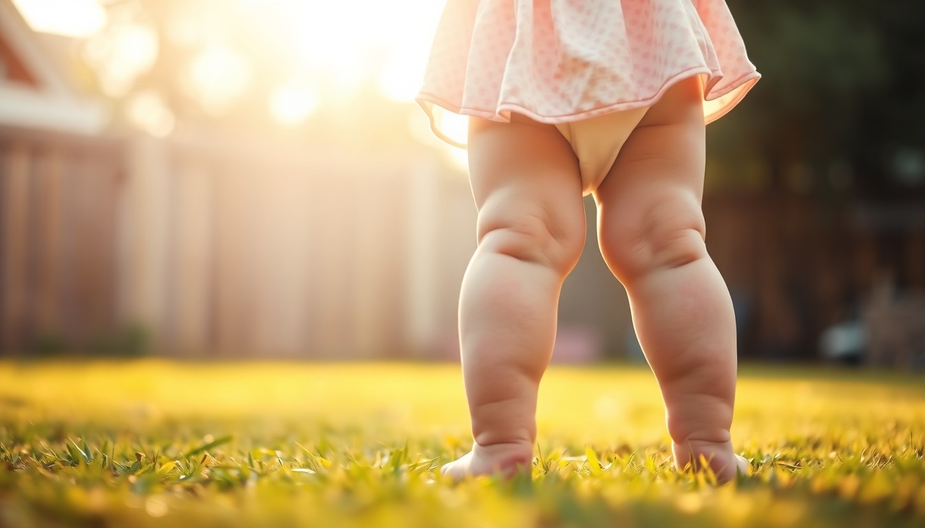 An extremely abstracted, out-of-focus photograph of a baby girl's lower body, with her chubby legs and feet in the foreground, surrounded by a warm, hazy glow of natural light, conceptually illustrating the celebration of a child's natural beauty.