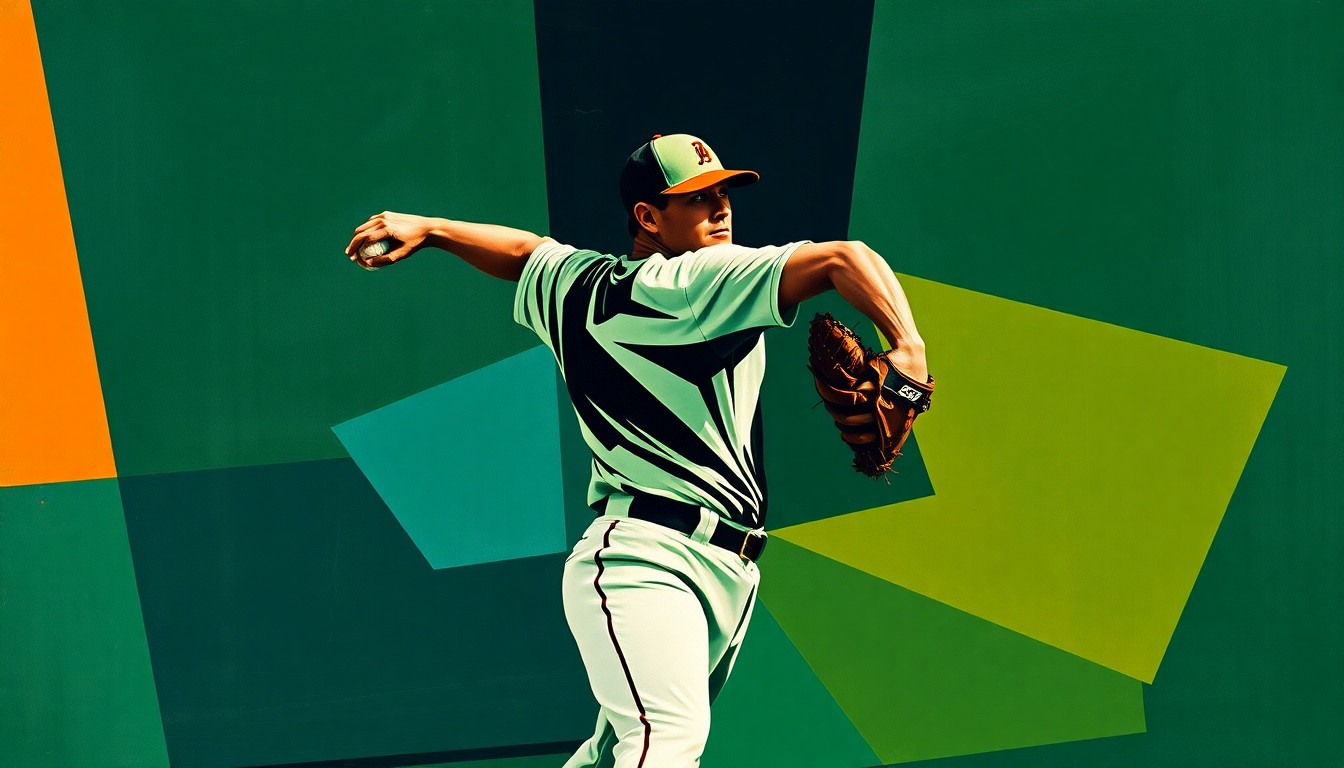 A fragmented, geometric painting depicting the motion of a baseball pitcher, with sharp planes of navy, green, and orange overlapping to create a sense of dynamic movement and uncertainty, reflecting the injury issues facing the Braves' rotation.