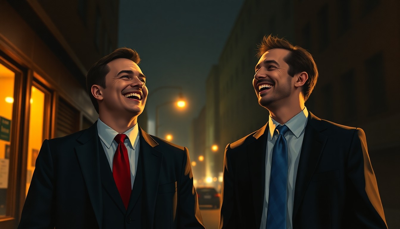 A cinematic painting of two men in suits, one in a red tie and the other in a blue tie, standing together and laughing on a dimly lit city street at night, bathed in warm, diagonal sunlight and deep shadows, conceptually representing the bipartisan collaboration between political rivals.
