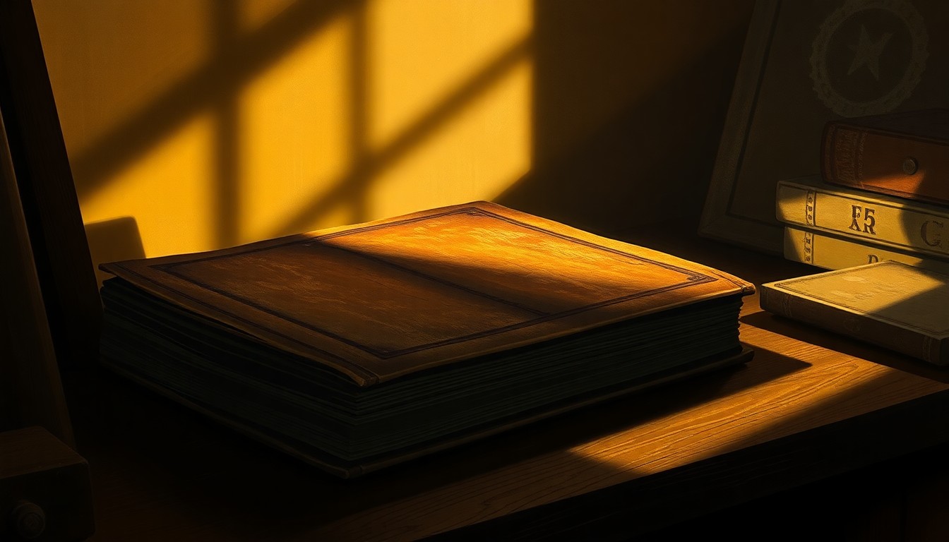 A close-up view of an old book with a worn leather cover resting on a wooden desk, the pages illuminated by warm, directional light casting deep shadows, conceptually representing the rediscovery of a forgotten historical connection.