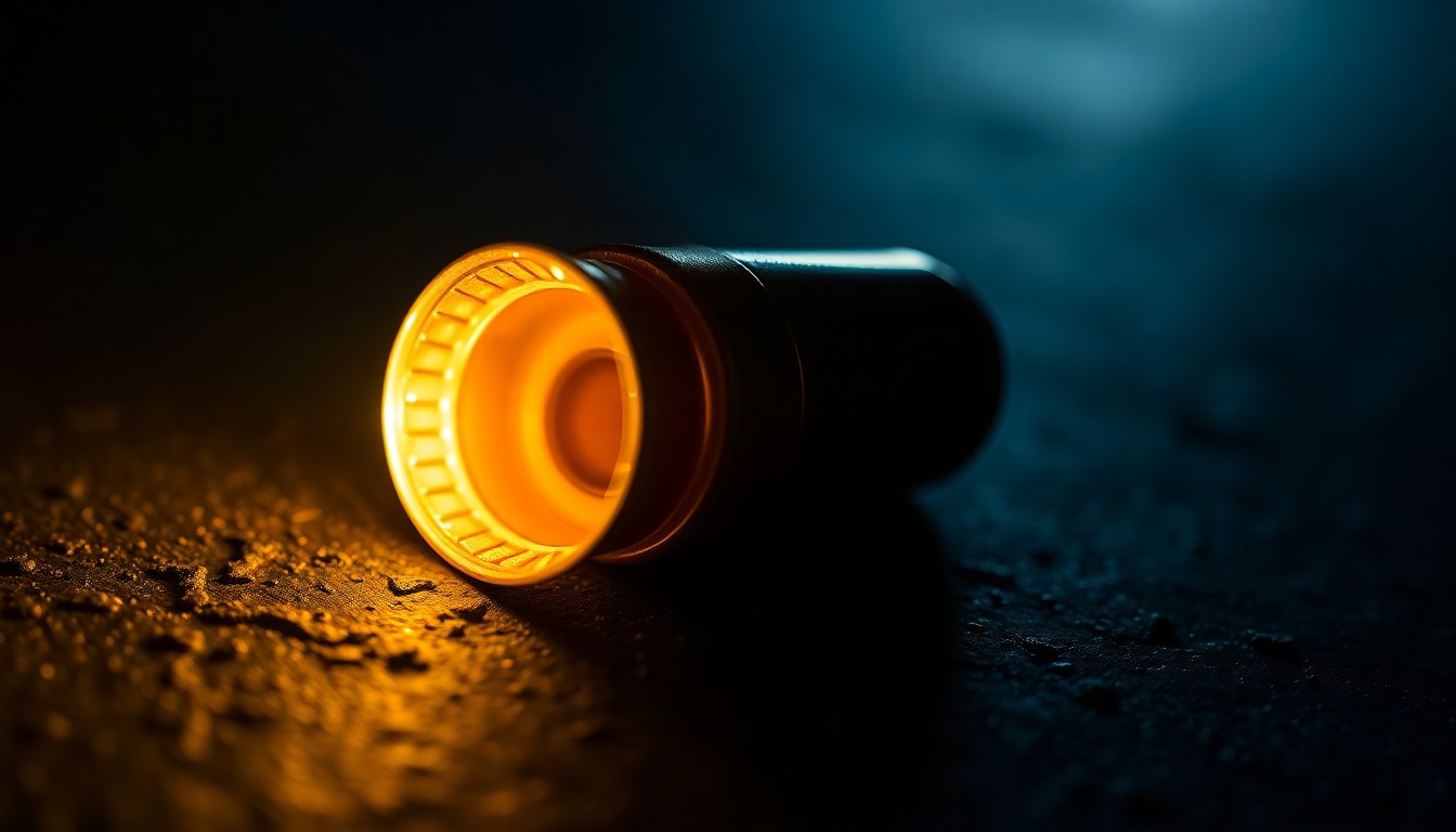 An extreme close-up photograph of a spent bullet casing on a dark, textured surface, lit by a harsh, direct camera flash, conceptually illustrating the physical aftermath of a shooting incident.