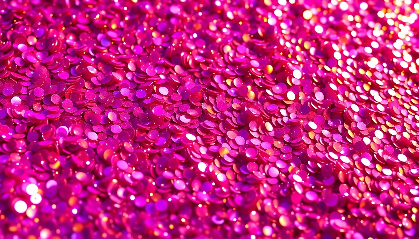 An extreme close-up photograph of shimmering, high-contrast sequins in vibrant shades of pink, purple, and gold, capturing the glamour and luxury of a Las Vegas performance stage.