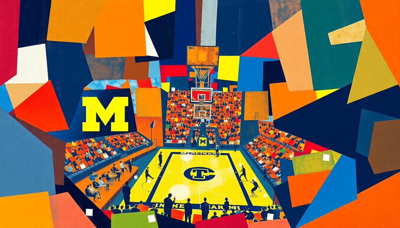 A cubist, geometric painting featuring overlapping planes of bright blues, yellows, and oranges, representing the action and energy of a basketball game.