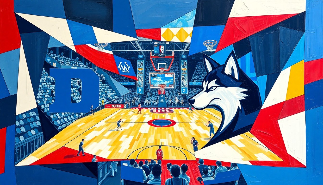 A cubist, geometric painting depicting a college basketball game, with sharp, overlapping planes of blue, white, and red colors representing the competing teams.