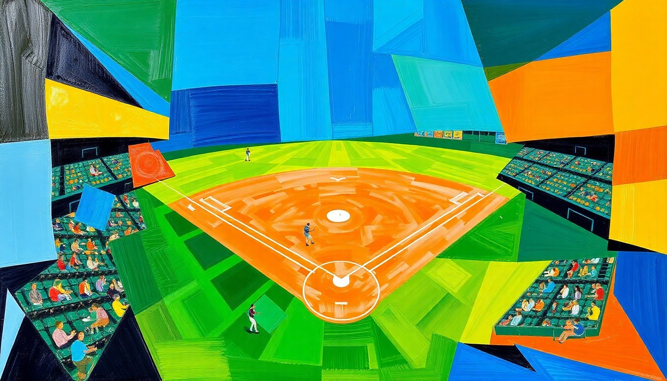 A vibrant, fragmented painting depicting the action and energy of a softball game, with sharp geometric shapes and planes of color representing the players and field.