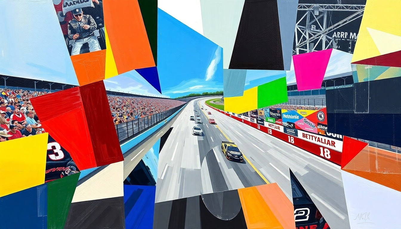 A fragmented, geometric painting depicting the dynamic motion and competition of a NASCAR race, with overlapping planes of color representing the cars and track.
