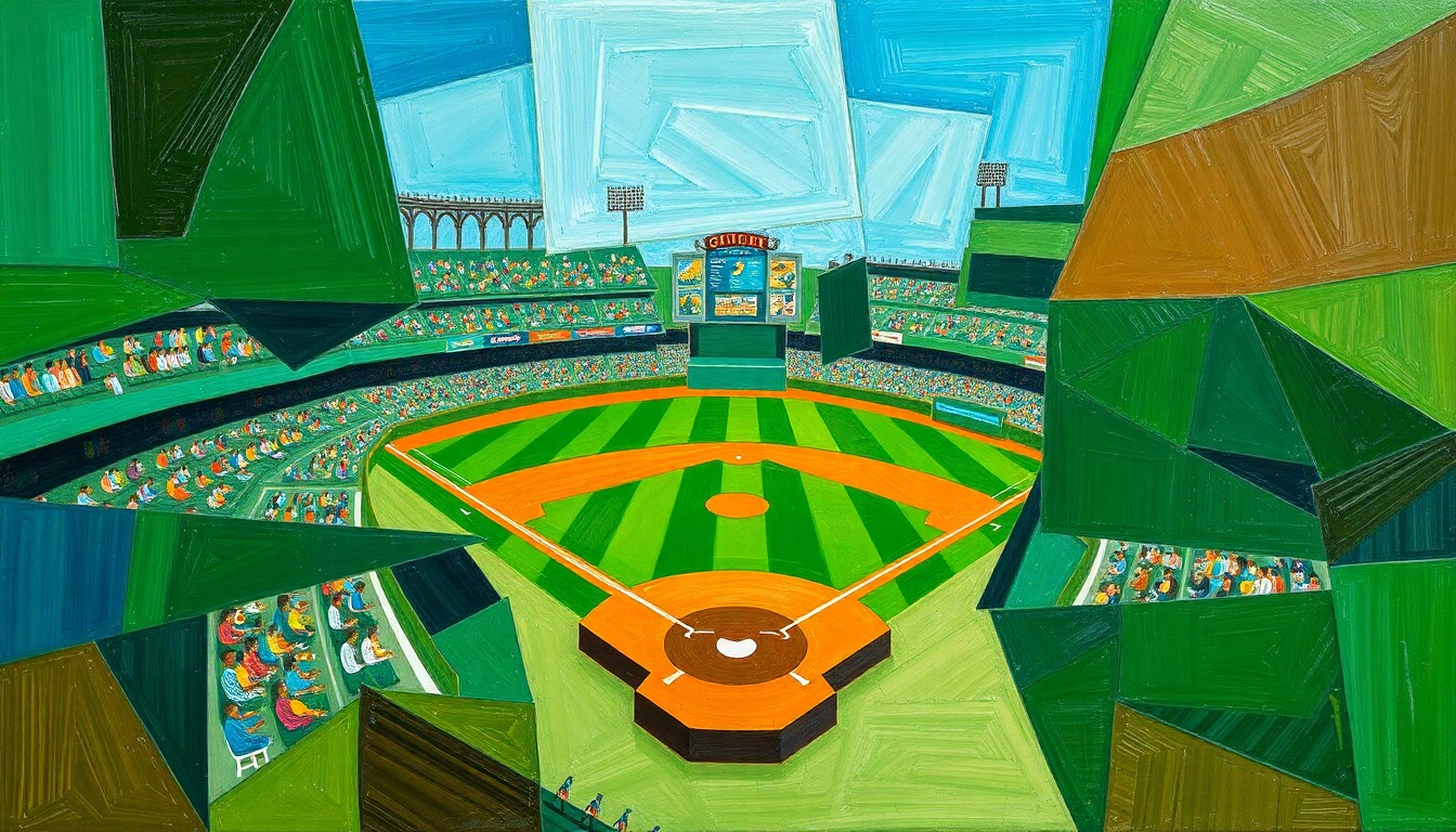 A fragmented, geometric painting depicting a baseball game in motion, with overlapping shapes and planes in shades of green, brown, and blue.