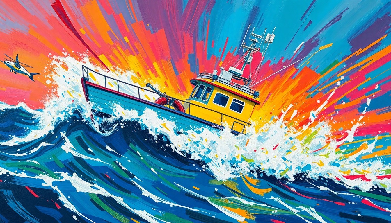 An abstract, energetic painting featuring bold brushstrokes and neon colors that convey the motion and intensity of a fishing boat navigating rough waters.