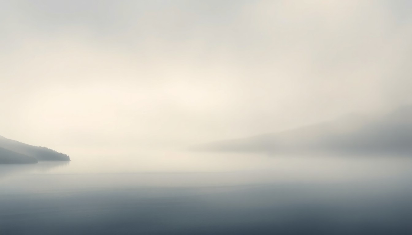 A vast, atmospheric landscape painting depicting the smooth, reflective surface of Dillon Reservoir in Colorado, surrounded by hazy, indistinct mountains, conveying a sense of the overwhelming scale and power of the natural environment.
