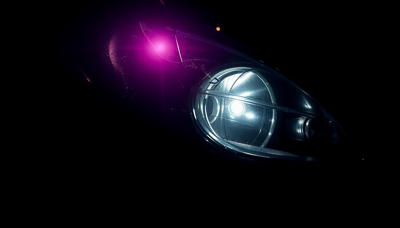 An extreme close-up photograph of a damaged car part, such as a crumpled fender or shattered headlight, lit by a harsh, direct camera flash against a pitch-black background, conceptually illustrating the aftermath of a multi-vehicle accident.