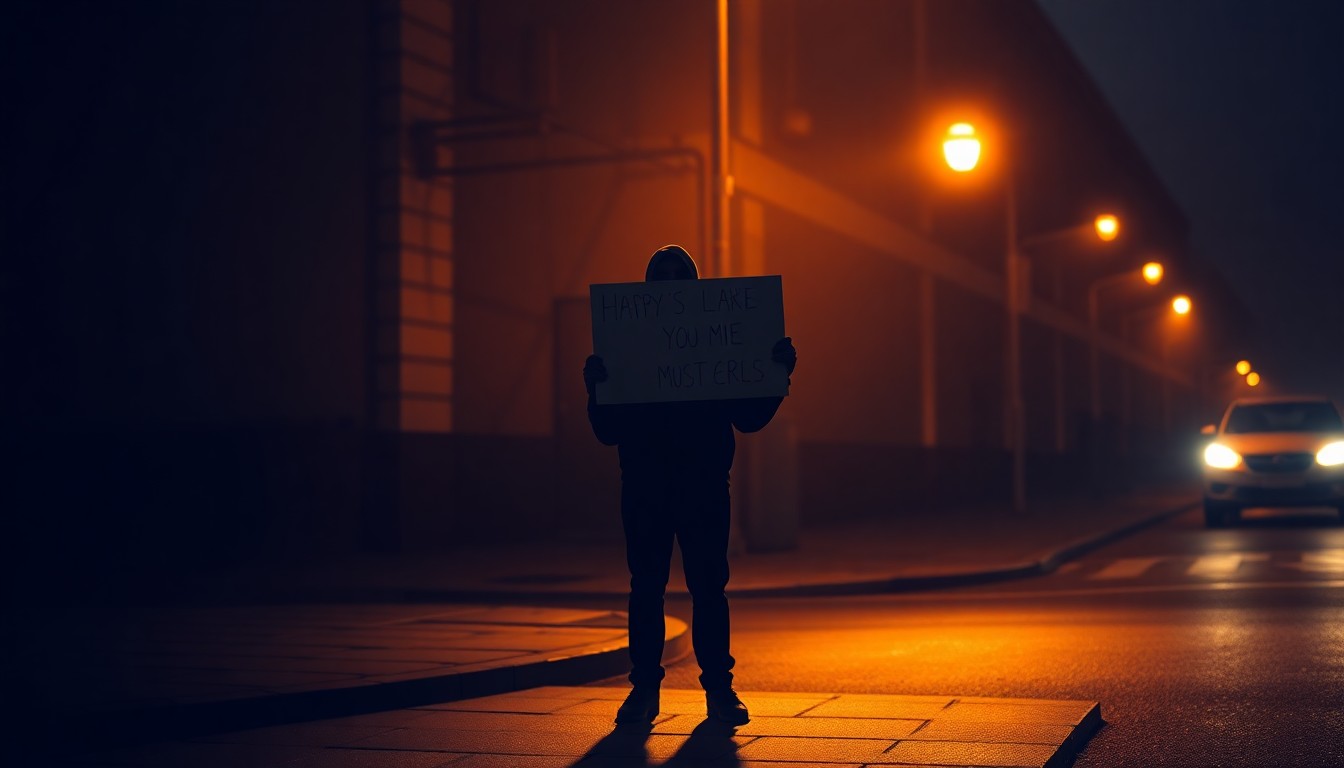 A solitary figure stands alone on a dimly lit street corner, holding a protest sign in the warm, golden light and deep shadows, conveying the quiet determination of political resistance.