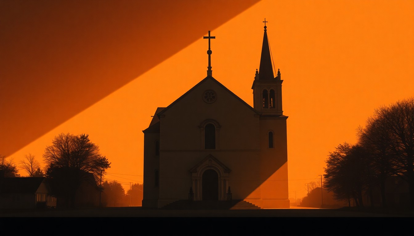 A serene, cinematic painting of a Catholic church or cathedral in warm, golden light, conveying a sense of quiet contemplation and spiritual reflection on the ongoing war.