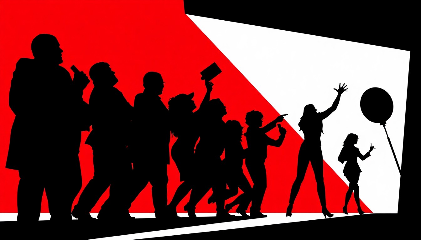 A bold, abstract composition of stark black silhouettes and geometric shapes in high-contrast red and white, conceptually representing the diverse cinematic depictions of celebration explored in Filmforum NRW's 20th anniversary retrospective.