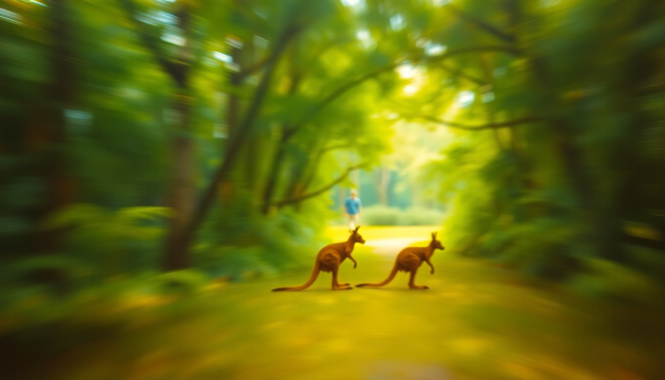 An impressionistic, out-of-focus photograph depicting the blurred silhouette of a hopping kangaroo moving through a lush, green forest, with soft pools of warm light and color creating a dreamlike, atmospheric scene.