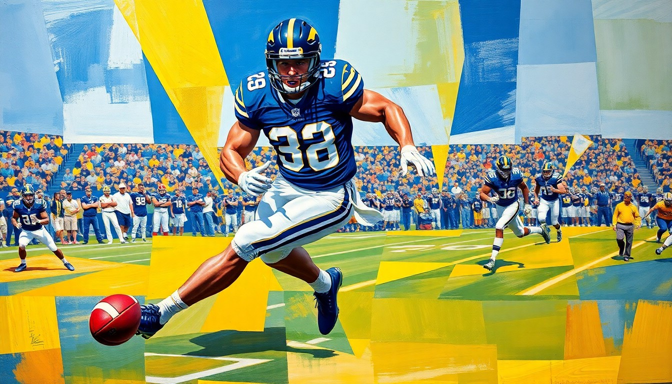 A cubist-style painting depicting a BYU football player in motion, with the figure broken down into overlapping geometric shapes in shades of blue, gold, and white, conveying the dynamic energy of the team's offense.