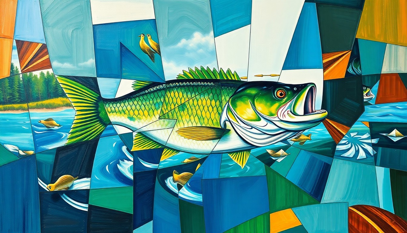 A fragmented, geometric painting depicting the dynamic action of a bass fishing tournament, with overlapping planes of color and form representing the water, vegetation, and the fish themselves.