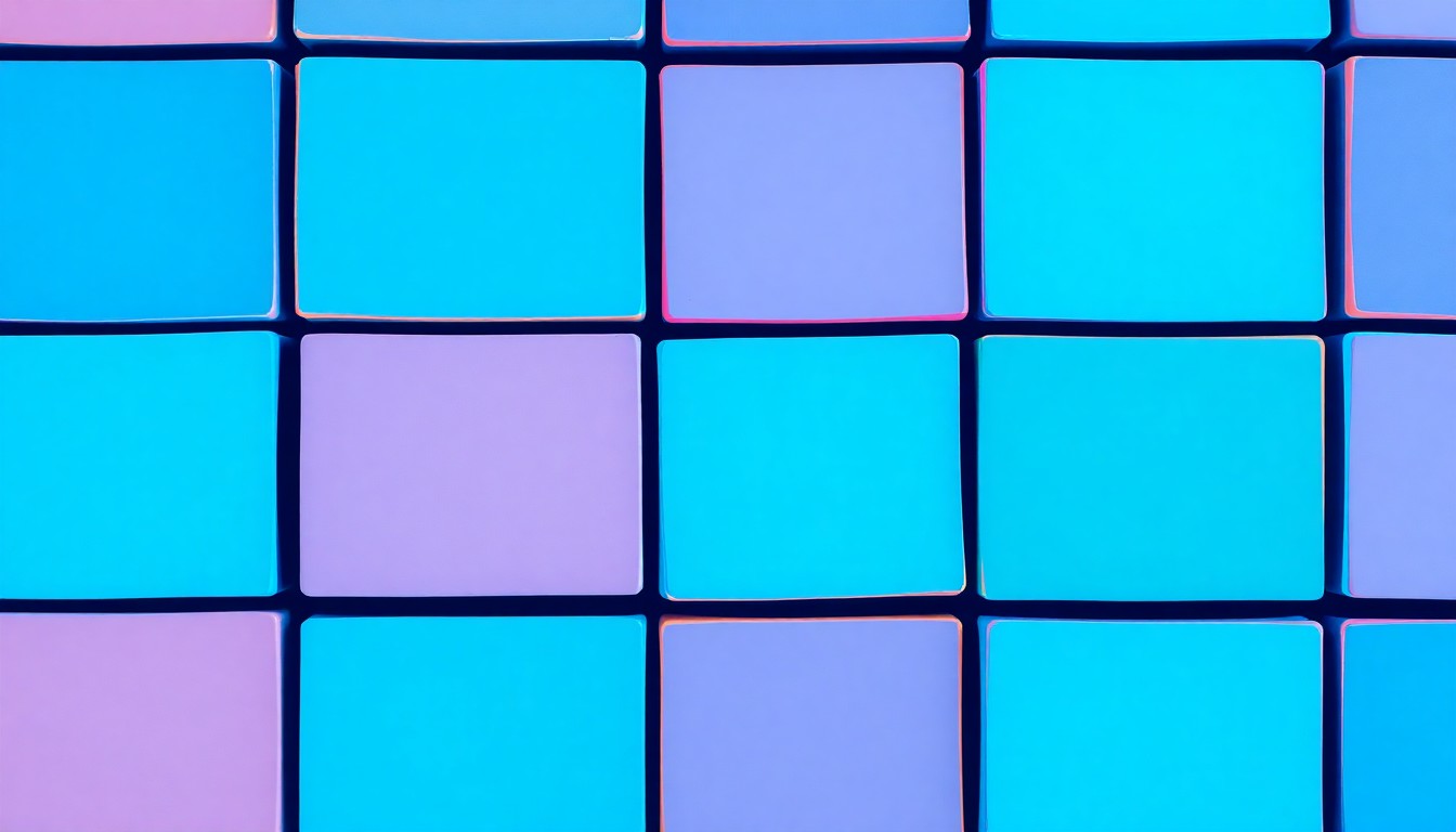 A vibrant, high-contrast silkscreen print of a stack of bathroom tiles in various shades of blue, repeated in a tight grid pattern, conceptually representing the diverse home improvement products showcased at the Vermont Home Show.