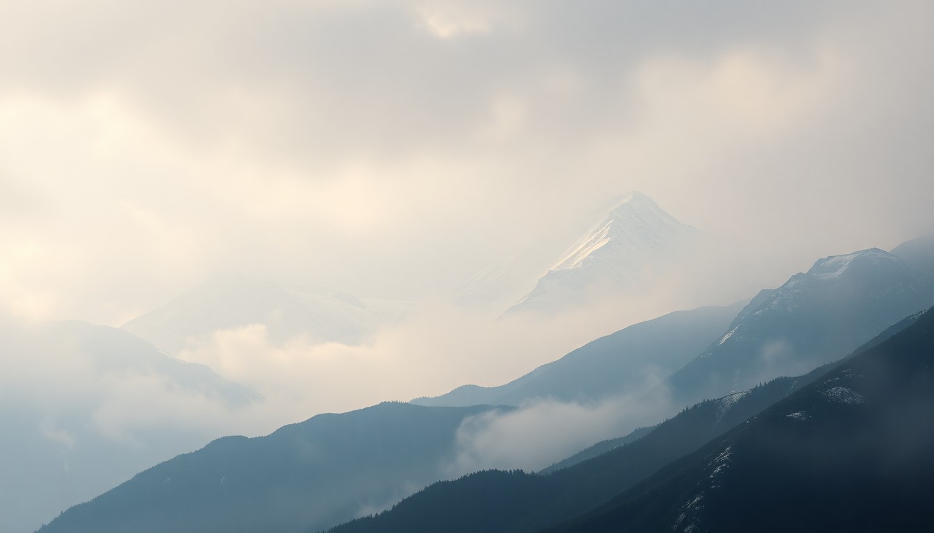 A sweeping, atmospheric landscape painting in muted tones of gray, blue, and white, depicting a snow-capped mountain range partially obscured by heavy fog and haze, conveying a sense of the overwhelming scale and power of the natural world.