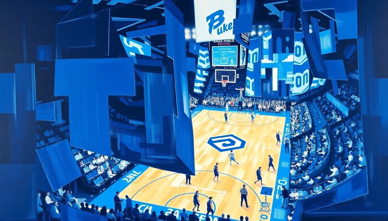 An abstract, cubist-style painting depicting the final moments of the Duke vs UConn basketball game, with sharp geometric shapes and planes of Duke blue and UConn navy blue colliding to represent the dramatic conclusion.